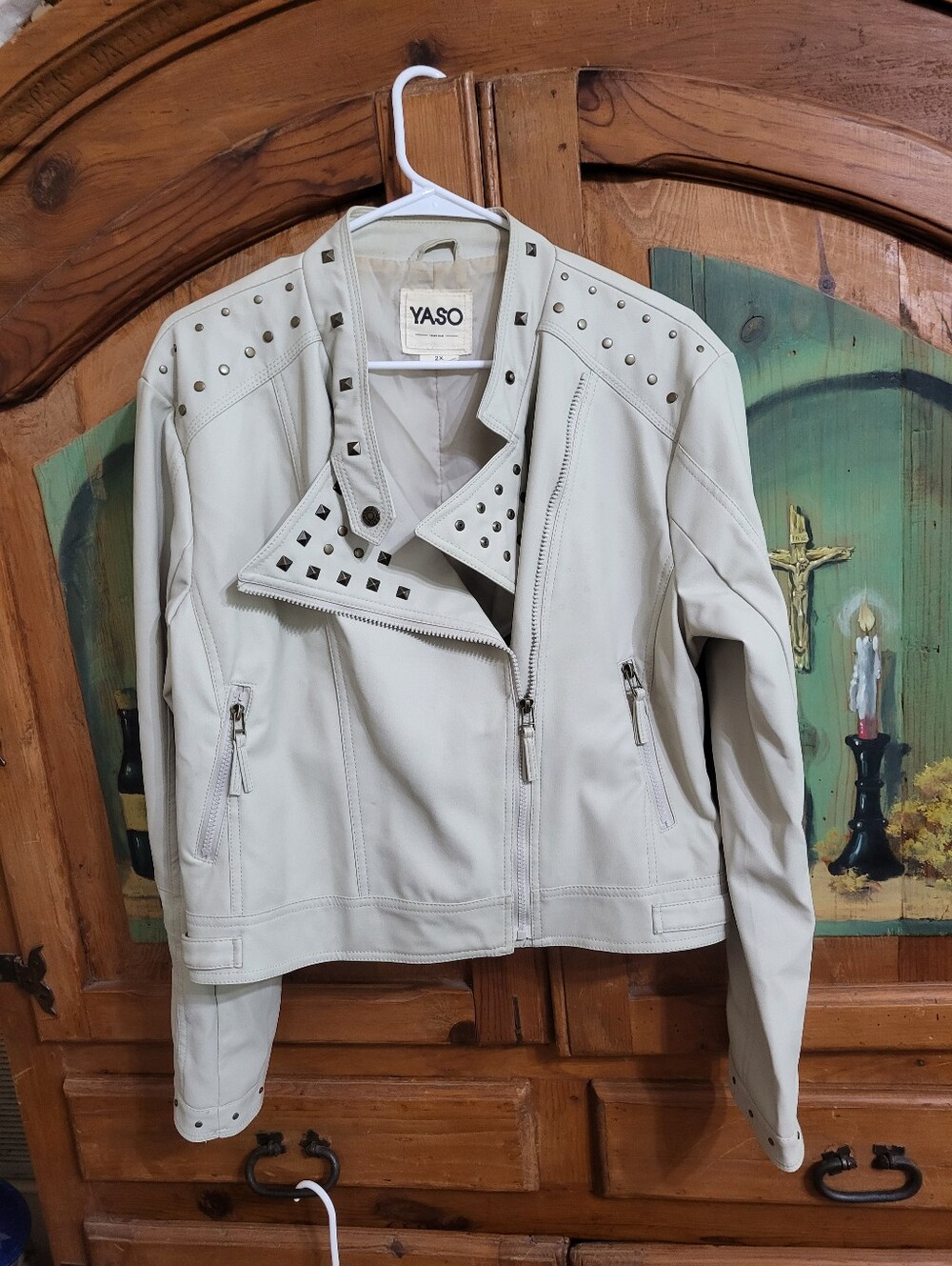 Yaso Women's Cream Studded Moto Jacket